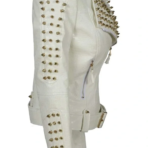 NWT SX Women Faux Leather PU White Jacket Studded Rivet Fashion Jacket Size M - Picture 6 of 12